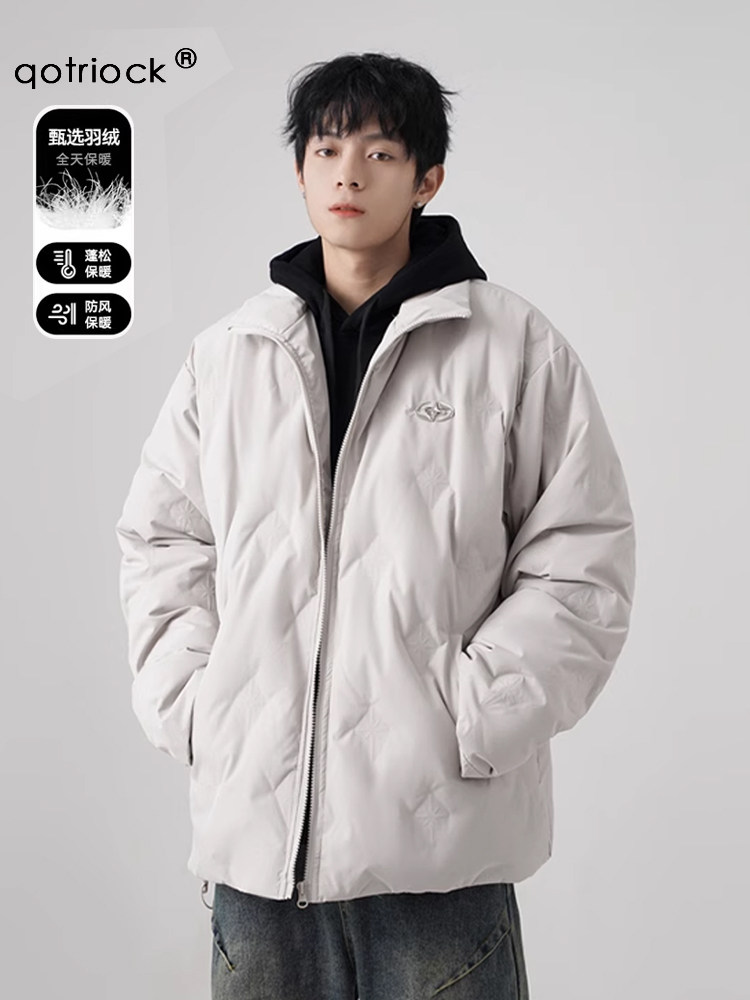 Qotriock White Duck down Stand Collar down Jacket for Men and Women Winter 2024 Trendy Brand Handsome Loose Jacket for Men