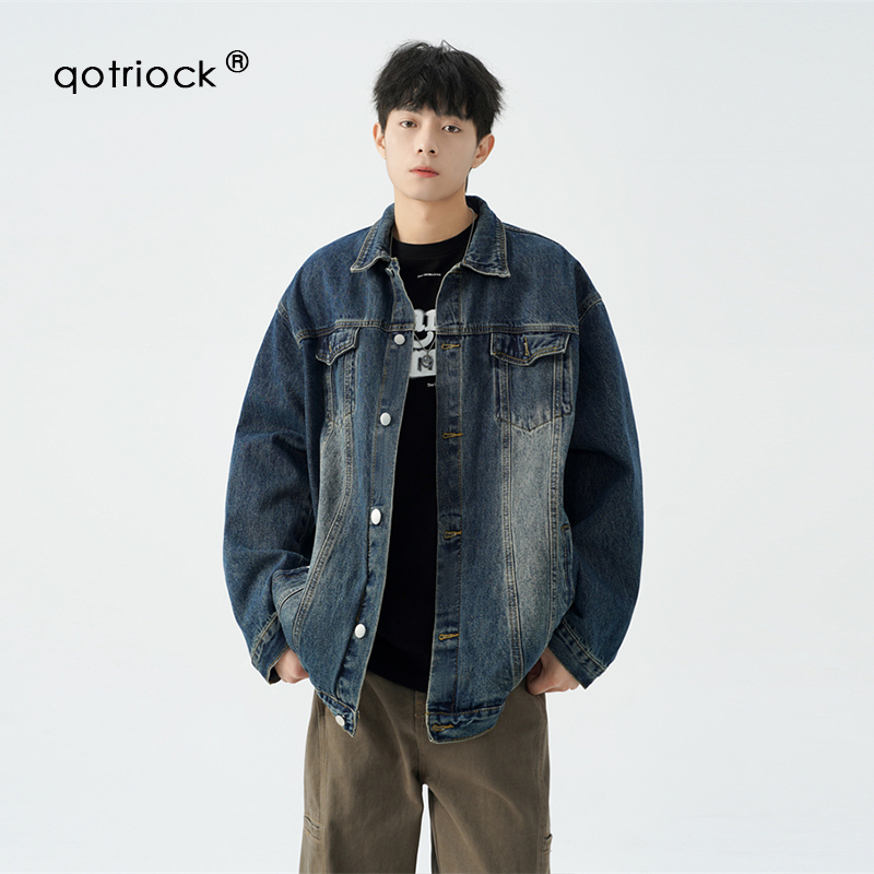 Qotriock Distressed Denim Jacket for Men, Autumn Loose Fit Trendy Outerwear 2024 Washed Workwear Long-Sleeve Jacket