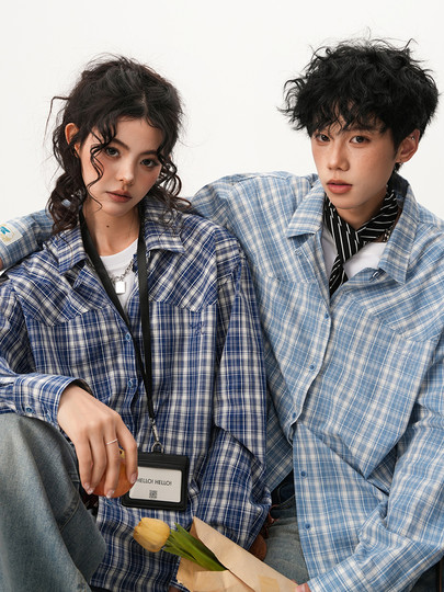 Blue Youthful Plaid Shirt Jacket for Men and Women, Autumn Trendy American Casual Long-Sleeved Cuban Collar Couple Shirt