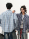 Blue Youthful Plaid Shirt Jacket for Men and Women, Autumn Trendy American Casual Long-Sleeved Cuban Collar Couple Shirt