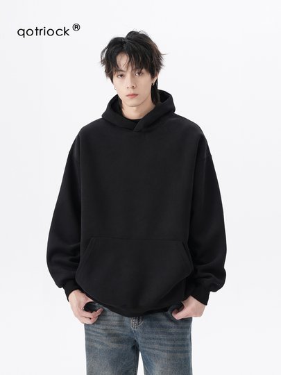 420g Heavyweight Hooded Fleece Sweatshirt for Men and Women, Autumn Trendy Brand, High-End Loose Jacket, Black Base Layer Hoodie