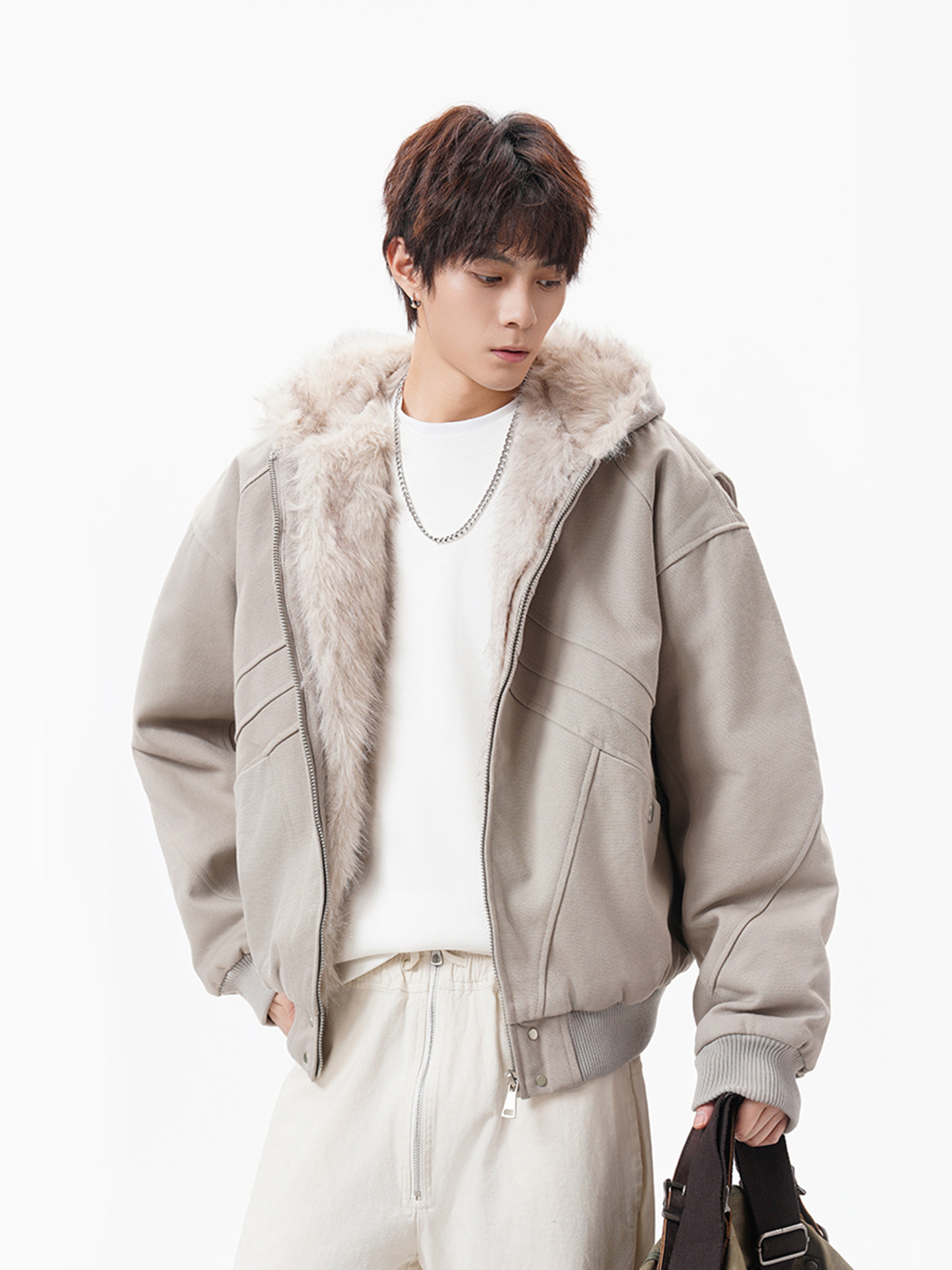 American-Style Boxy Hooded Cotton Jacket for Men, Winter, Cool and Stylish, Faux Rabbit Fur, Fleece-Lined, Warm Jacket