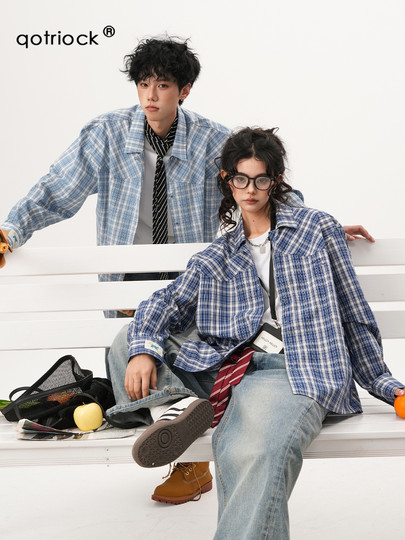 Blue Youthful Plaid Shirt Jacket for Men and Women, Autumn Trendy American Casual Long-Sleeved Cuban Collar Couple Shirt