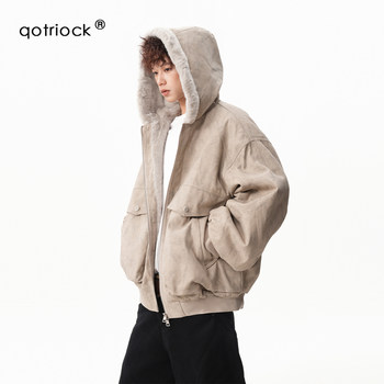 American-Style Fleece-Lined Marble-Patterned Hooded Cotton Jacket for Men, Winter Thickened Warm Cotton Coat, Loose Casual Hooded Outerwear