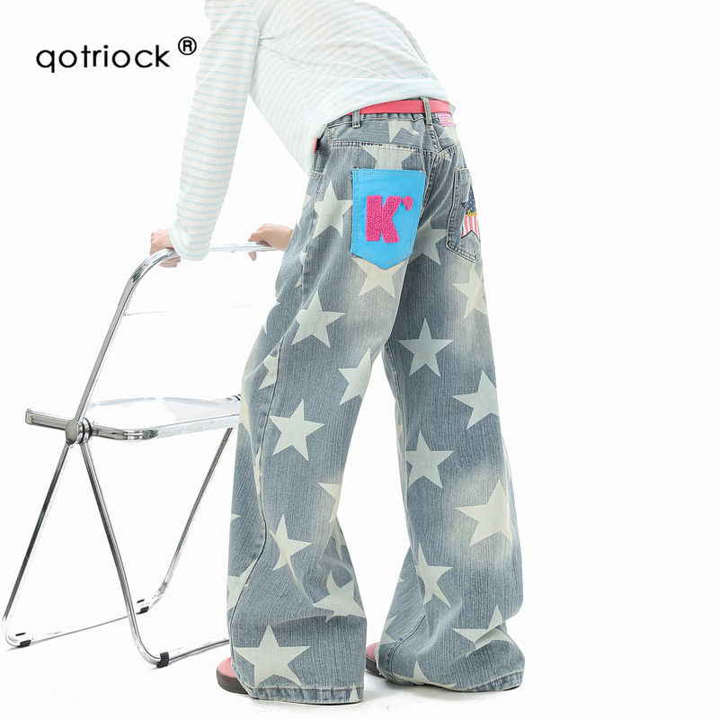 American-Style Washed Star-Print Jeans for Men, Autumn Street Style Casual Pants, Loose Niche Workwear Trousers American-Style Washed Star-Print Jeans for Men, Autumn Street Style Casual Pants, Loose Niche Workwear Trousers