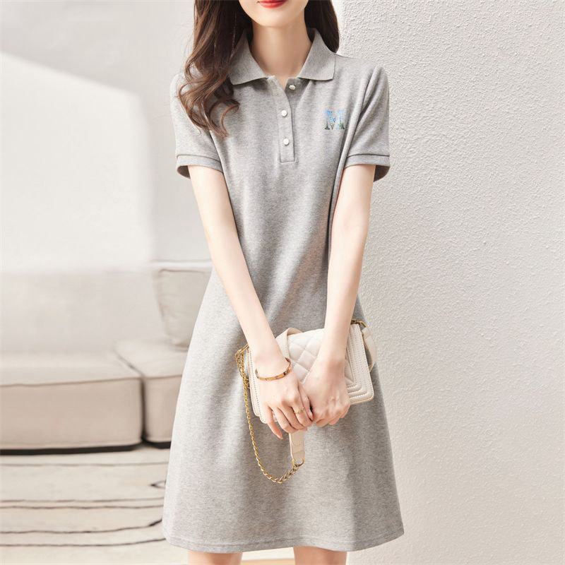 Polo Dress Women's Summer New Casual Straight Lapel Loose Gray A-Line Skirt Student Short-Sleeved Mid-Length Skirt