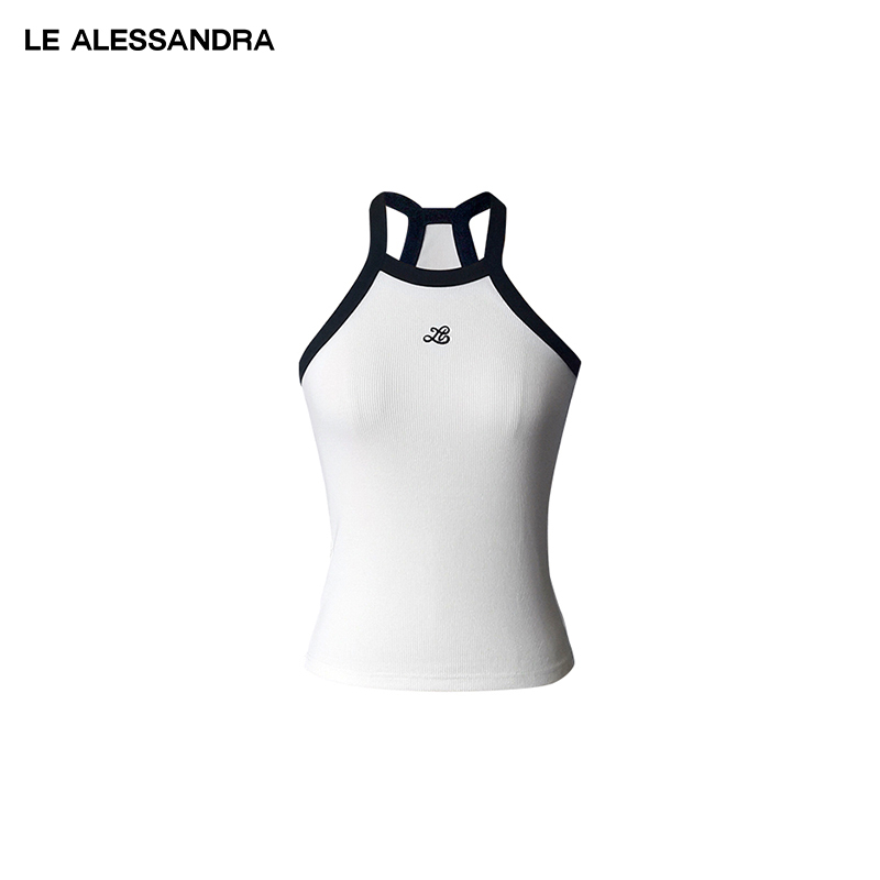 Brand Direct Sales Le Alessandra Black and White Color-Blocked Ribbed Halter Neck Tank Top for Layering