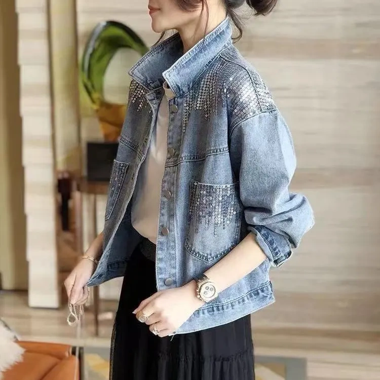 Sequined Short Long-Sleeved Denim Jacket for Women 2026 Autumn and Winter New European Style Short Autumn Clothing Loose Slimming Top