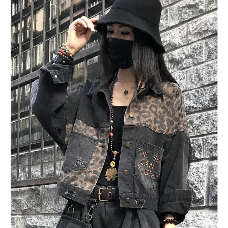Leopard Print Distressed Ripped Embroidered Long-Sleeved Denim Jacket for Women, New Spring Design, Korean Style Straight Shorts Top