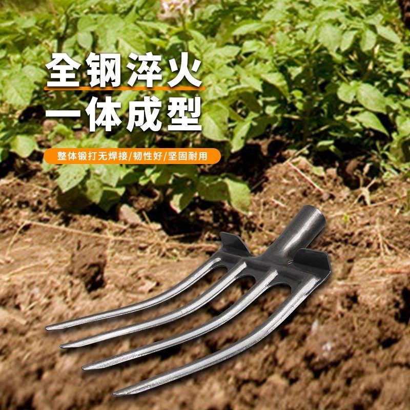Four-Toothed All-Steel Fork for Loosening Soil, Five-Toothed Fork with Wooden Handle for Farming, Ginger Fork