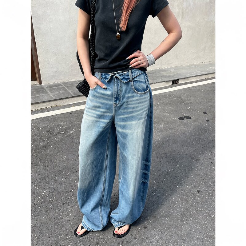 Icc Spring New Style Craft Washed Blue Wide-Leg Curved Hem Pants Design with Folded Waistband Women's Denim 13-Line 10714