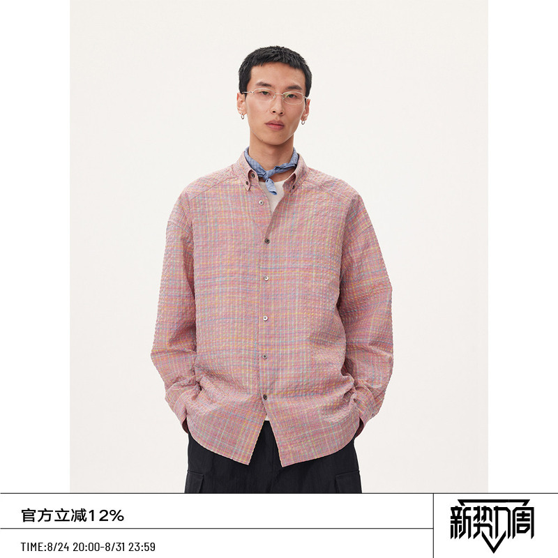 Common Scents Classic Style Yarn-Dyed Plaid Seersucker Cross-Over Loose Fit Long-Sleeve Shirt