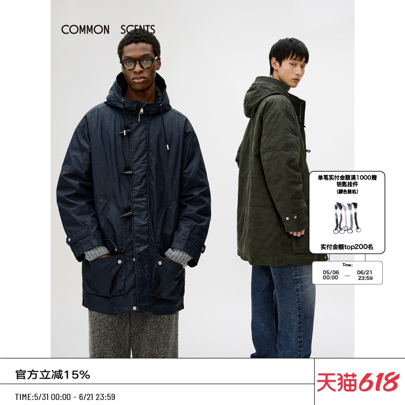 Common Scents Coated Material 90% down Hooded Parka down Coat with Horn Buttons