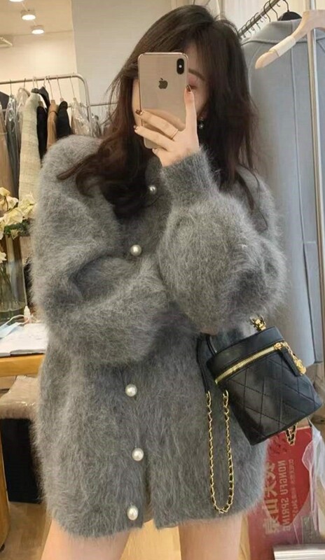 Korean Dongdaemun Women's Long Mink Velvet Diamond Buckle Loose Round Neck Mid-Length Cardigan Sweater Coat Fashion