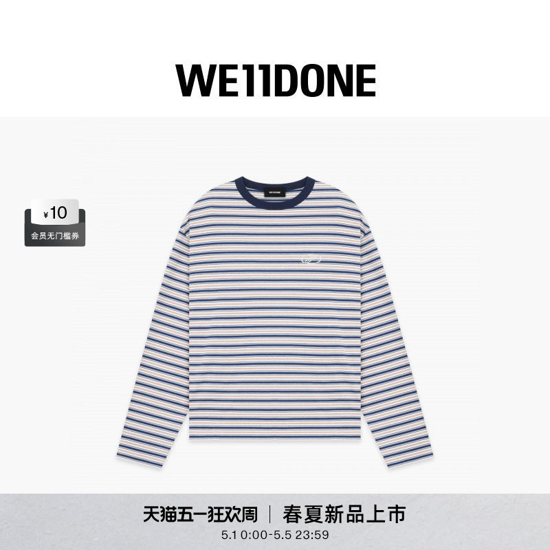 [Celebrity Style] We11Done26 Spring New Arrival Unisex Pearl Style Color-Block Striped T-Shirt