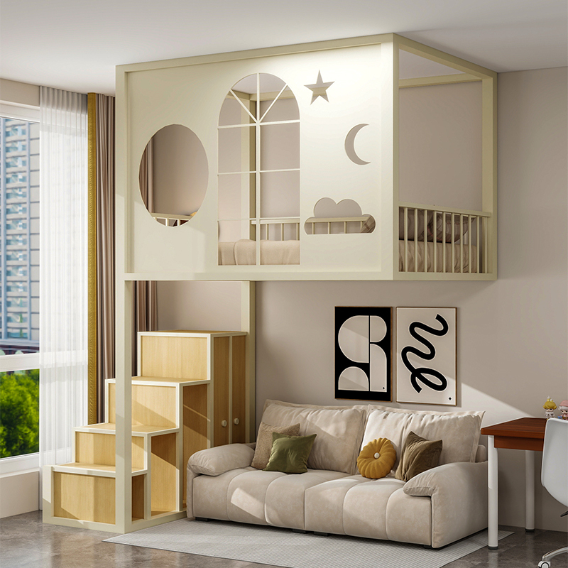 Loft Bed with Desk Below, Single Upper Bunk Bed, Double Bunk Bed, High-Legged Bed with Space Below, Suitable for Small Apartments