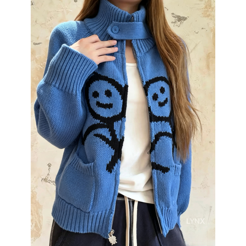 Correct Version】Urban 26Fw Stickman Embroidered Logo Knitted Cardigan Korean Style Turtleneck Sweater Zipper Jacket Correct Version】Urban 26Fw Stickman Embroidered Logo Knitted Cardigan Korean Style Turtleneck Sweater Zipper Jacket