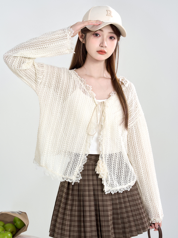Summer New Style V Neck Tassel Lace-Up Cut Out Long-Sleeved Sun Protection Lace Cardigan for Women, Thin Design Outer Blouse Summer New Style V Neck Tassel Lace-Up Cut Out Long-Sleeved Sun Protection Lace Cardigan for Women, Thin Design Outer Blouse