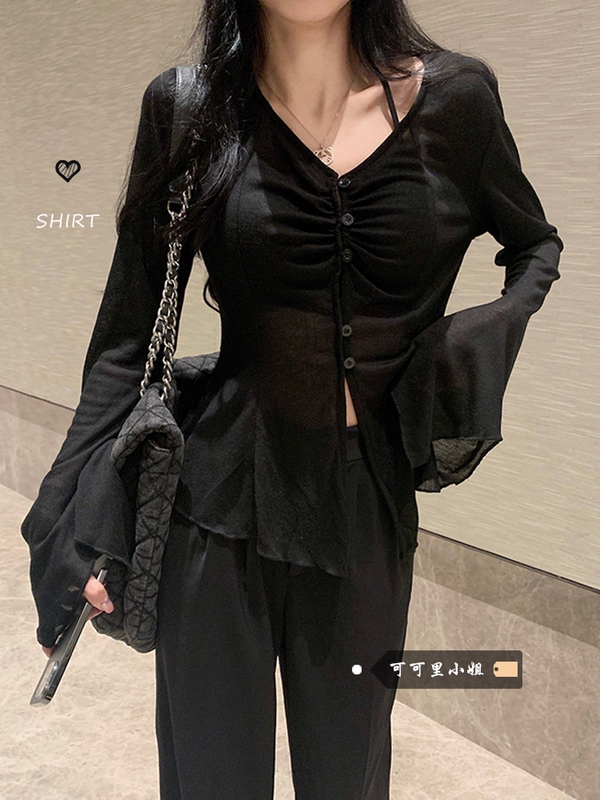 Pure Desire Black Sunscreen Cardigan Women's Summer Thin Design V-Neck Flared Long Sleeve Knitwear Unique Top Pure Desire Black Sunscreen Cardigan Women's Summer Thin Design V-Neck Flared Long Sleeve Knitwear Unique Top