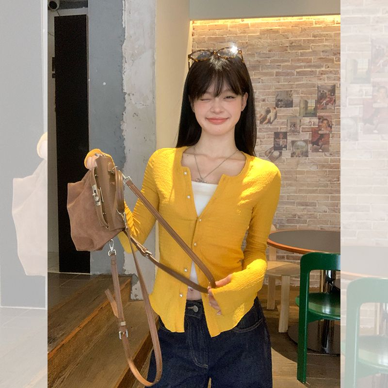Yellow Knitted Cardigan to Cover the Belly, Women's Spring and Autumn New Thin Style, Slim Fit, Fashionable Korean Style, Sun Protection Long-Sleeved Top, Jacket for Women