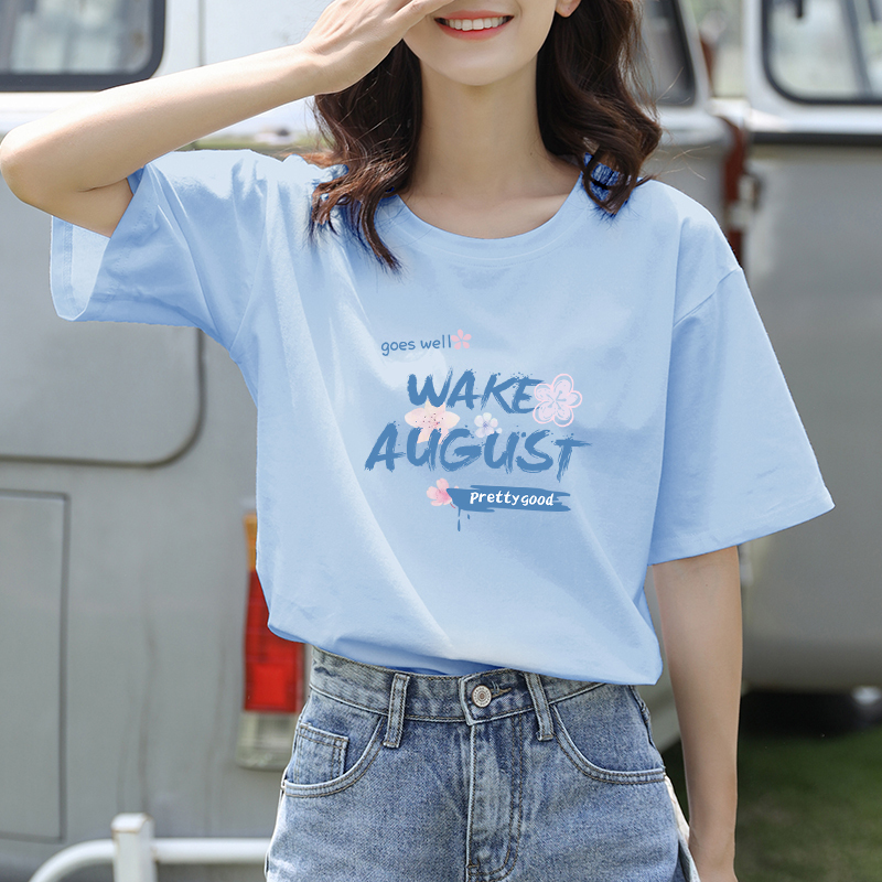 Milk Blue Pure Cotton Short-Sleeved T-Shirt for Women, Loose Half-Sleeved 2026 New Summer Wear, Floral Print Round Neck Versatile Top