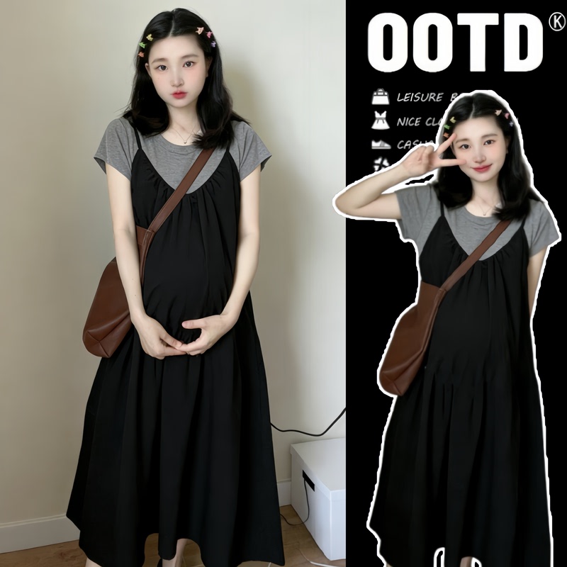 Maternity Wear Summer Suit 2026 New Style Simple and Slimming Plus Size Skirt That Doesn'T Show Pregnancy, Stylish and High-End Outfit