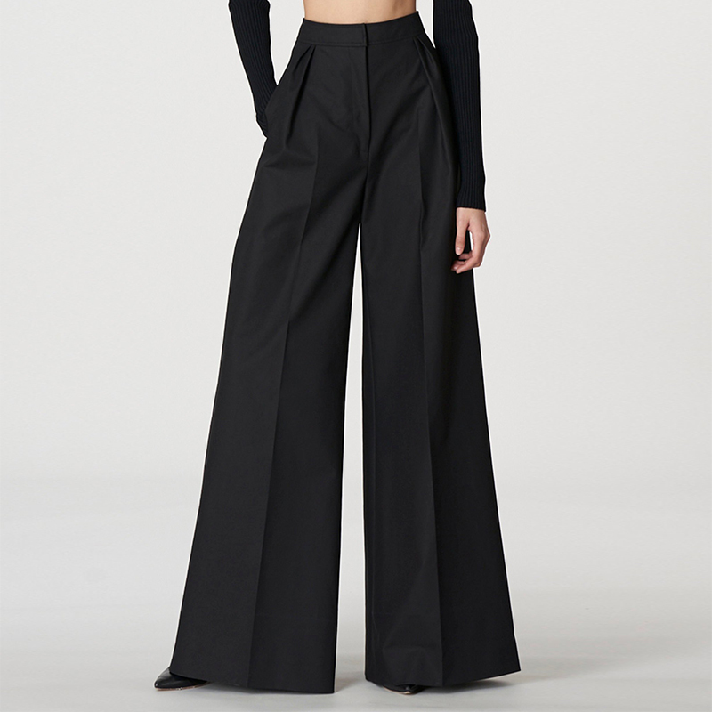 Black Casual Wide-Leg Flared Pants, Mid-High Waist, Commuter Trousers, Light Luxury Niche Design, Stylish European and American Style