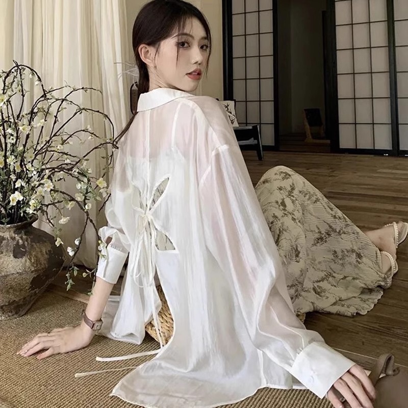 Backless Butterfly Pattern Lace-Up Shirt, Summer Thin Long-Sleeved Sun Protection 2026 Design Shirt Jacket, Loose Shirt Backless Butterfly Pattern Lace-Up Shirt, Summer Thin Long-Sleeved Sun Protection 2026 Design Shirt Jacket, Loose Shirt