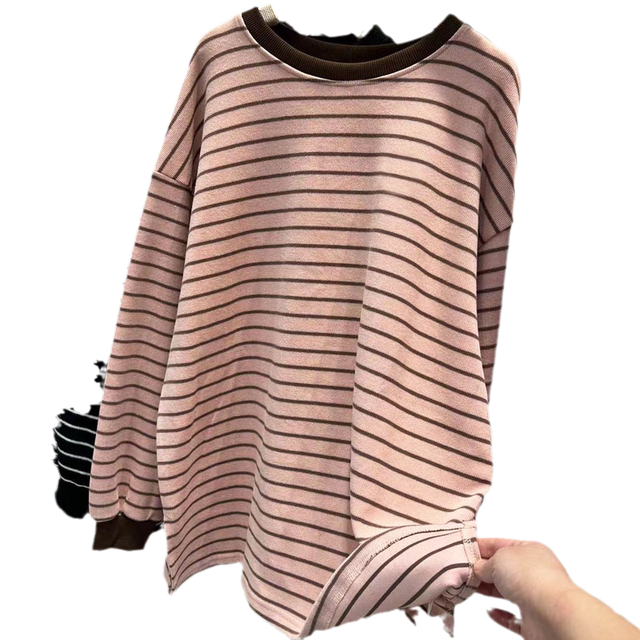Striped pink bottoming shirt for women autumn and winter mid-length top