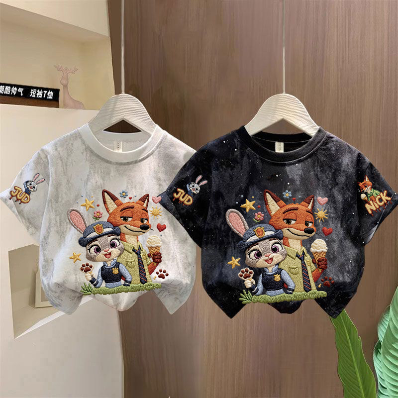 Детская одежда с имитацией вышивки Crazy Animal City, детская одежда с принтом "галстук-краситель", летняя хлопковая футболка с короткими рукавами для мальчиков и девочек Изображение 1