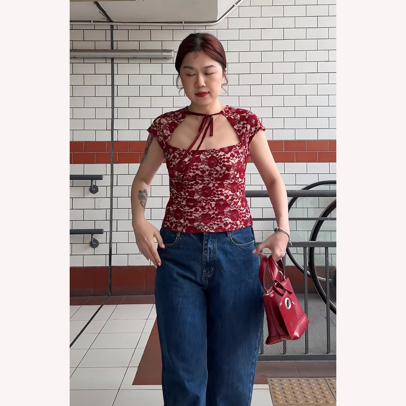 French Sweet and Spicy Lace Flocking Sweet Style Red Lace Shirt Women's Short-Sleeved Square Neck Tie Slim Sexy Top
