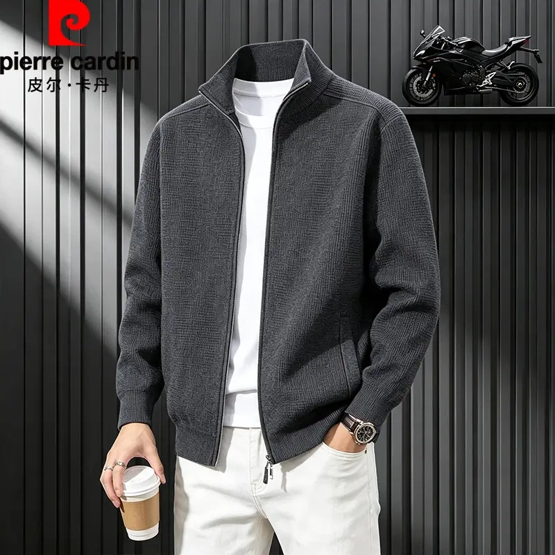 Pierre Cardin Stand-Up Collar Knitted Men's Jacket, Autumn Casual Style Zip-Up Cardigan, High-End Men's Fashion
