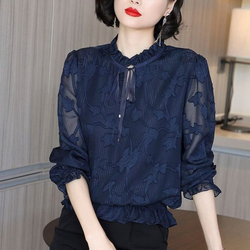 Lace Base Shirt for Women, Chiffon, Loose, Long-Sleeved, Slimming, Stylish, Covers the Body, Autumn and Winter Women's Clothing, Loose Korean-Style Top, Versatile