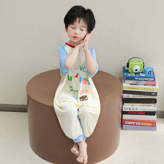 男童连体睡衣夏季冰丝莫代尔薄款宝宝空调服男孩子防踢睡袋家居服
