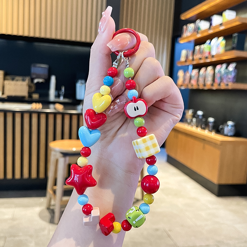 New Dopamine Cute Apple Core Bead Keychain Exquisite Women's Phone Case Bag Pendant Car Keychain