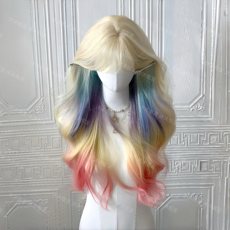 【Rainbow Dye】Wig for Female Internet Celebrities, Lolita Rainbow Highlights, Long Curly Hair, Dopamine Fantasy Gradient Full Wig 【Rainbow Dye】Wig for Female Internet Celebrities, Lolita Rainbow Highlights, Long Curly Hair, Dopamine Fantasy Gradient Full Wig