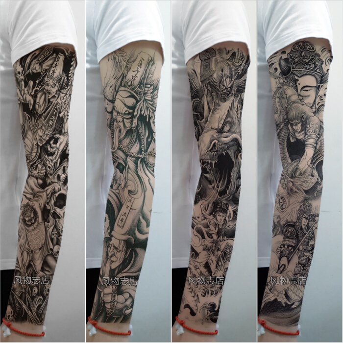 4 Full-Arm Flower Tattoo Stickers, Waterproof, Long-Lasting, Unisex, Black and White, Coffin, Good and Evil Buddha, Realistic Full-Arm Tattoo