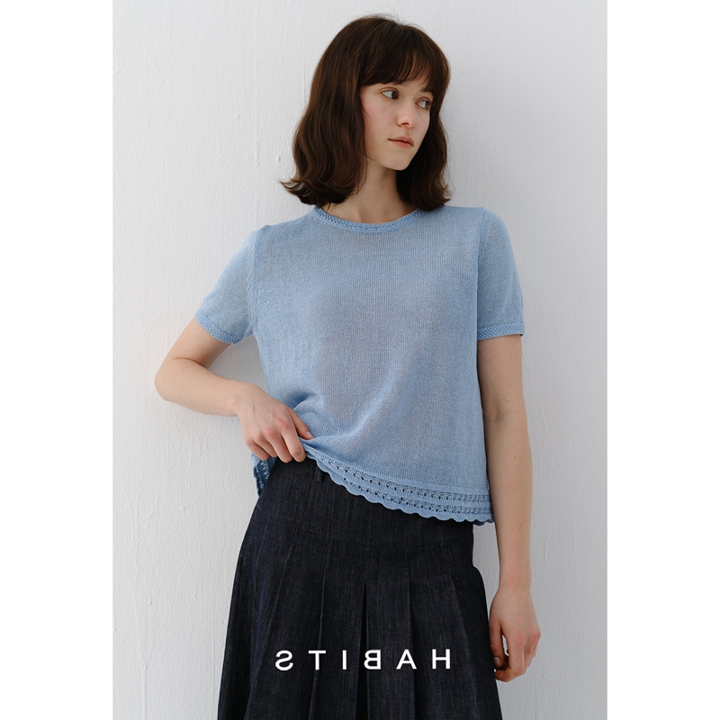Summer Washi Cotton Yarn Hem Pattern Design Short-Sleeved Top Knitwear Top Women's Summer Thin Base Layer Shirt Summer Washi Cotton Yarn Hem Pattern Design Short-Sleeved Top Knitwear Top Women's Summer Thin Base Layer Shirt
