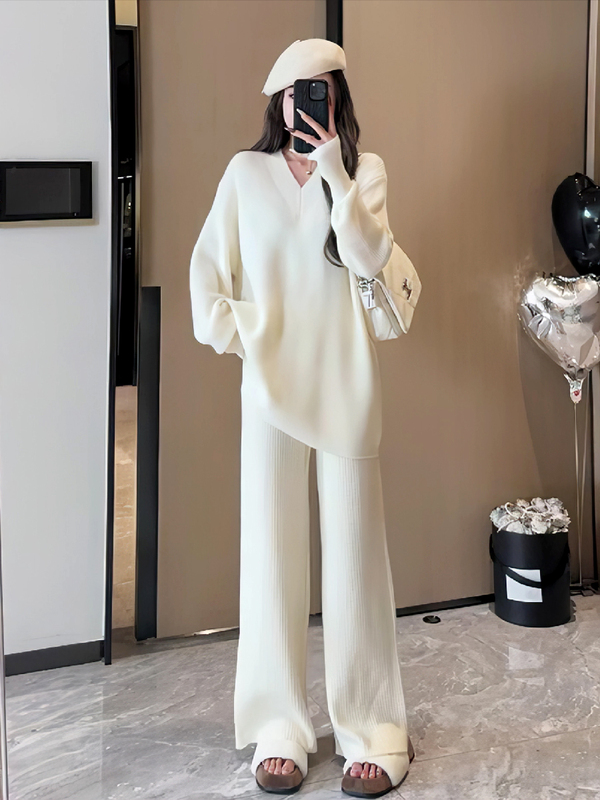 New Autumn and Winter Style Lazy Style Loose V Neck Pullover Knitted Sweater + High Waist Straight Wide Leg Pants Two-Piece Suit for Women