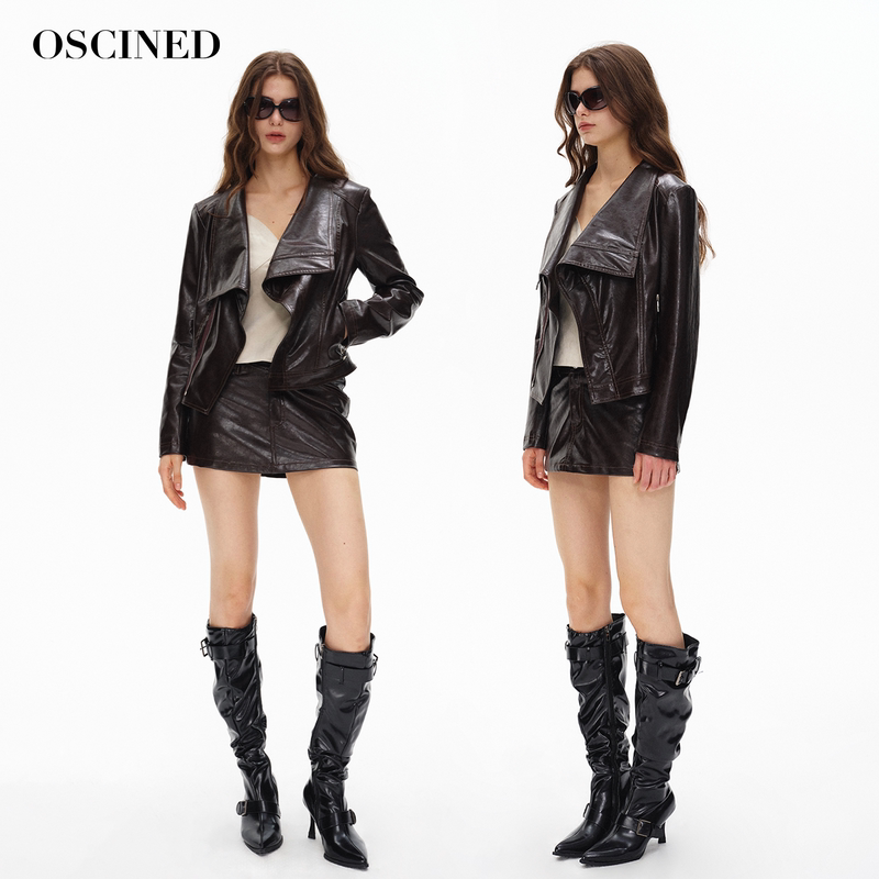 Oscined 26Aw Cortis Style Leather Jacket V-Shaped Waist Hollow-Out Leather Skirt Set, Heavy Craftsmanship