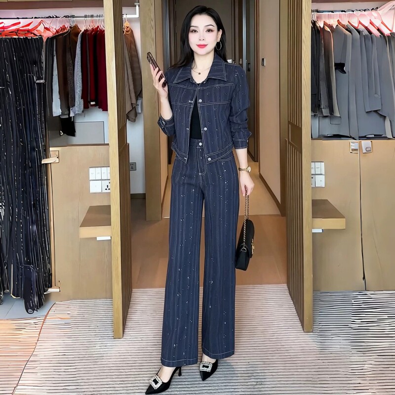 Fashionable Striped Denim Suit for Women, Autumn Season, High-End, Heavy-Duty Rhinestone Embellishment, Slimming, Elegant Two-Piece Set