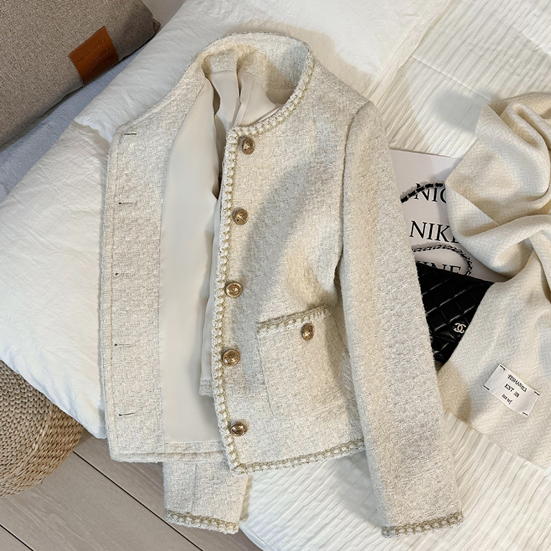 Off-White Elegant Tweed Short Jacket for Women, 2026 Autumn and Winter New Popular Round-Neck Top, Trendy
