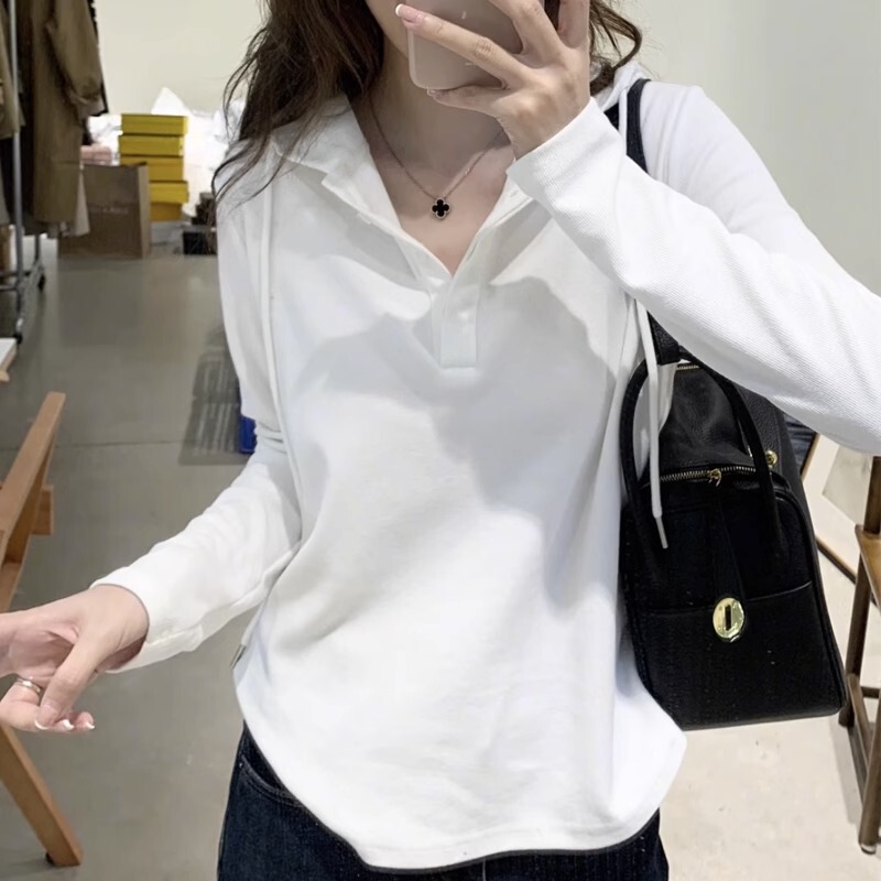 White Long-Sleeve Hooded Sweatshirt T-Shirt for Women, Spring and Autumn Style, Loose Casual Regular Shoulder V-Neck Top with a Unique Design, Short Style White Long-Sleeve Hooded Sweatshirt T-Shirt for Women, Spring and Autumn Style, Loose Casual Regular Shoulder V-Neck Top with a Unique Design, Short Style