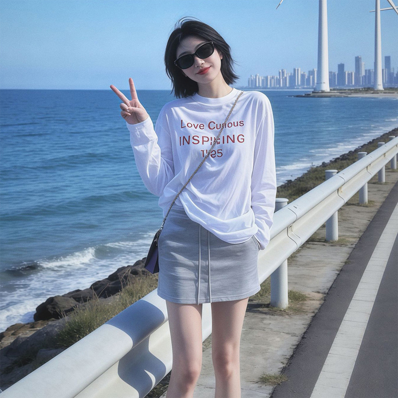White Long-Sleeved T-Shirt Top + Gray Short Skirt Set for Women, Summer Resort Style Loose Sun Protection Cover-Up Two-Piece Set White Long-Sleeved T-Shirt Top + Gray Short Skirt Set for Women, Summer Resort Style Loose Sun Protection Cover-Up Two-Piece Set