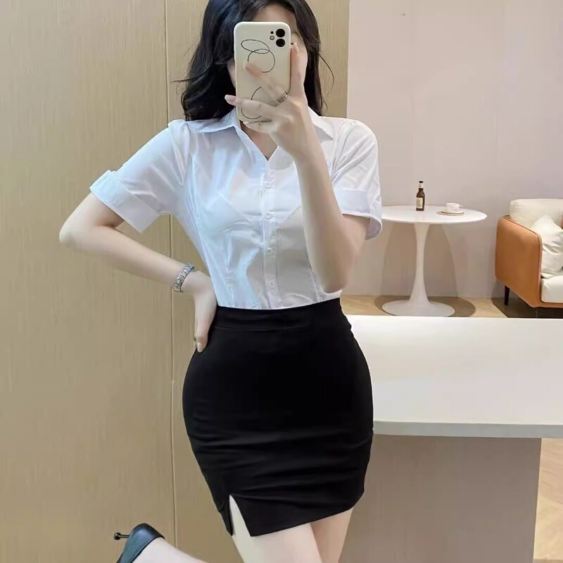 Elastic Short-Sleeved White Shirt Women's Hip-Hugging Skirt Summer Pure Desire Hot Girl Ol Uniform Work Clothes Sexy Shirt Top
