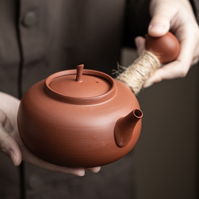 潮汕工夫茶红泥侧把煮茶烧水壶套装潮州砂铫壶跳盖壶家用功夫茶具