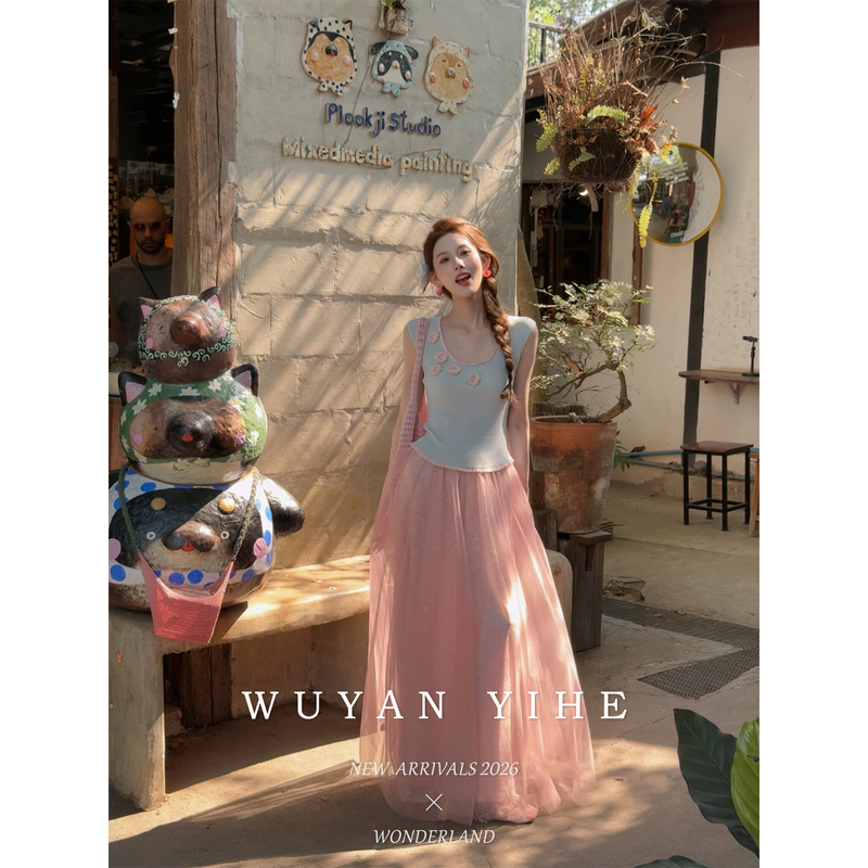 Wuyan Yiheng【Sea Salt Sweetheart】Starry Blue Lazy Style Three-Dimensional Floral Knit Sleeveless Lace T-Shirt + Skirt