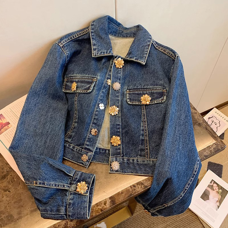 French-Style Heavy-Duty Rose Diamond Buckle Sweet and Cool Hong Kong Style Denim Short Jacket for Women, New Spring and Autumn Niche Chanel-Style Jacket Top