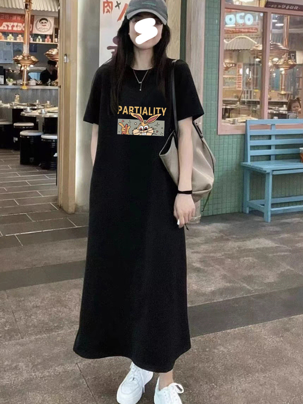 Pure Cotton Short-Sleeved Black Large T-Shirt Dress for Women, Summer Loose Plus Size Casual Mid-Length Over-The-Knee Dress Top