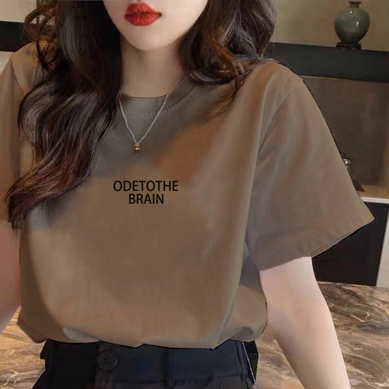 Retro American-Style Coffee-Colored T-Shirt for Women, Right-Shoulder Short-Sleeved 2025 New Style Inner Layering Shirt, Brushed Cotton Slimming Pure Cotton Top